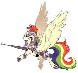 Size: 2667x2514 | Tagged: safe, artist:sutexii, derpibooru import, oc, oc:ivory bolt, unofficial characters only, pegasus, pony, armor, earring, female, flying, jousting, mare, rainbow hair, solo, spread wings, wings