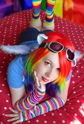 Size: 1283x1885 | Tagged: artist:amphyrainbows, clothes, cosplay, derpibooru import, human, irl, irl human, missing shoes, photo, photoshop, rainbow dash, rainbow socks, safe, socks, solo, striped socks