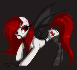 Size: 1170x1053 | Tagged: suggestive, artist:prettypinkpony, derpibooru import, oc, unofficial characters only, bat pony, pony, bat pony oc, bondage, bridle, clothes, fangs, female, plot, saddle, solo, solo female, stockings