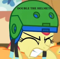 Size: 491x489 | Tagged: apple bloom, derpibooru import, double helmet, helmetception, image macro, meme, safe, screencap, solo, somepony to watch over me, yo dawg