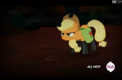 Size: 1844x1216 | Tagged: safe, derpibooru import, screencap, applejack, somepony to watch over me, boots, fireproof boots, hub logo, saddle bag, solo