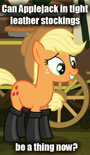 Size: 298x512 | Tagged: safe, derpibooru import, edit, edited screencap, screencap, applejack, earth pony, pony, somepony to watch over me, boots, caption, female, fireproof boots, image macro, leather, mare, meme, solo