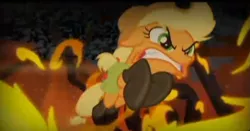 Size: 767x402 | Tagged: applejack, badass, derpibooru import, fire, fireproof boots, jumping, safe, screencap, solo, somepony to watch over me