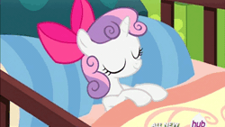 Size: 576x324 | Tagged: animated, bed, blanket, cute, derpibooru import, diasweetes, hubble, hub logo, runs in the family, safe, screencap, solo, somepony to watch over me, sweetie belle, the hub, tucking in