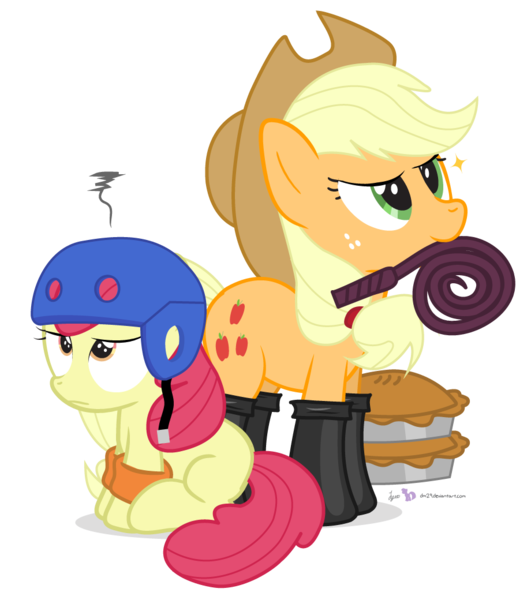 Size: 920x1040 | Tagged: apple bloom, applejack, artist:dm29, derpibooru import, duo, fireproof boots, helmet, knee pads, overprotective, pie, safe, simple background, somepony to watch over me, that was fast, transparent background, whip