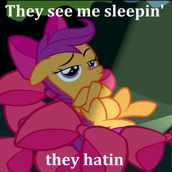 Size: 1024x1024 | Tagged: derpibooru import, edit, edited screencap, image macro, meme, safe, scootaloo, screencap, solo, somepony to watch over me, swagaloo