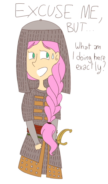 Size: 803x1361 | Tagged: armor, artist:lila79, braid, chainmail, female, fluttershy, helmet, history, human, humanized, islam, islamashy el fatih, russia, russian, safe, simple background, solo, sword, tatar, tatarstan, transparent background, turkic