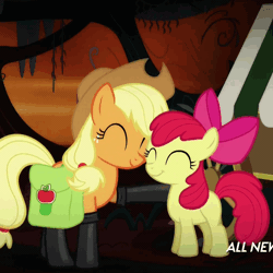 Size: 1000x1000 | Tagged: safe, derpibooru import, screencap, apple bloom, applejack, earth pony, pony, somepony to watch over me, adorabloom, animated, applebetes, bow, cute, eyes closed, female, filly, fireproof boots, hair bow, jackabetes, mare, nuzzling, saddle bag, sisters, smiling
