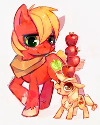Size: 551x692 | Tagged: safe, artist:theuselesstoe, derpibooru import, applejack, big macintosh, earth pony, pony, apple, balancing, blushing, brother and sister, cute, female, filly, filly applejack, floppy ears, jackabetes, looking up, male, open mouth, siblings, size difference, smiling, stallion, younger