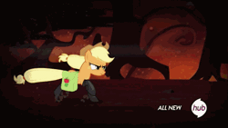 Size: 576x324 | Tagged: safe, derpibooru import, screencap, applejack, chimera sisters, chimera, earth pony, pony, somepony to watch over me, animated, female, fireproof boots, hub logo, hubble, mare, multiple heads, slide, sliding, the hub, three heads