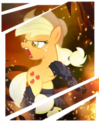 Size: 900x1108 | Tagged: applejack, artist:pixelkitties, badass, derpibooru import, fire, fireproof boots, rearing, safe, solo, somepony to watch over me