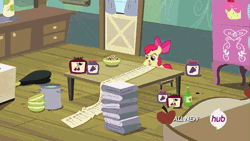 Size: 576x324 | Tagged: safe, derpibooru import, screencap, apple bloom, somepony to watch over me, animated, bellows, bowl, hubble, hub logo, jam, jelly, list, solo, stove, table, the hub, towel