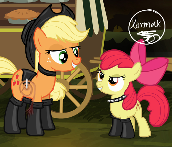 Size: 549x468 | Tagged: safe, artist:xormak, derpibooru import, edit, apple bloom, applejack, earth pony, pony, somepony to watch over me, bdsm, choker, cutie mark, dominatrix, duo, female, femdom, fireproof boots, food, grin, leather clothes, looking at each other, pie, seductive, smirk, spiked choker, wagon, whip