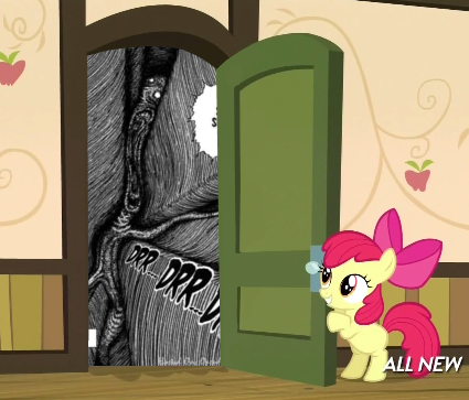 Size: 425x363 | Tagged: apple bloom, apple closet, derpibooru import, door, exploitable meme, grimdark, junji ito, meme, somepony to watch over me, the enigma of amigara fault