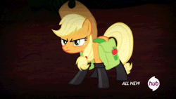 Size: 480x270 | Tagged: all new, animated, applejack, artist:supereffectivebros, chair, chairsaber, derpibooru import, edit, edited screencap, fireproof boots, hilarious in hindsight, hoof hold, hub logo, lightsaber, lion tamer's chair, saddle bag, safe, screencap, sith, solo, somepony to watch over me, star wars, text