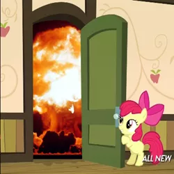 Size: 400x400 | Tagged: apple bloom, apple closet, derpibooru import, door, exploitable meme, explosion, meme, safe, solo, somepony to watch over me