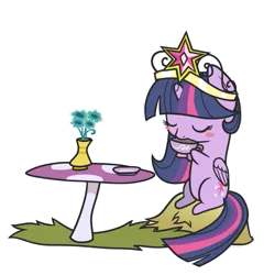 Size: 799x800 | Tagged: safe, artist:sandra626, derpibooru import, twilight sparkle, twilight sparkle (alicorn), alicorn, pony, big crown thingy, blush sticker, blushing, chibi, crown, cute, drinking, element of magic, eyes closed, female, flower, grass, hay, hoof hold, mare, mushroom, plate, princess, simple background, sitting, smiling, solo, table, tea, teacup, transparent background, twiabetes, vase