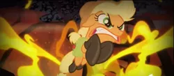 Size: 1901x828 | Tagged: angry, applejack, badass, boots, derpibooru import, fangs, fire, fireproof boots, floppy ears, gritted teeth, jumping, safe, screencap, sharp teeth, somepony to watch over me