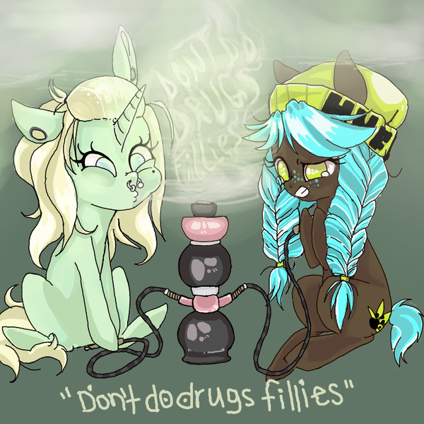 Size: 800x800 | Tagged: safe, artist:yanderedesu, derpibooru import, oc, oc:catnip, unofficial characters only, earth pony, pony, unicorn, beanie, bong, braid, drugs, earring, freckles, gauge, gauges, hat, lemongrass, nose ring, piercing, smoke