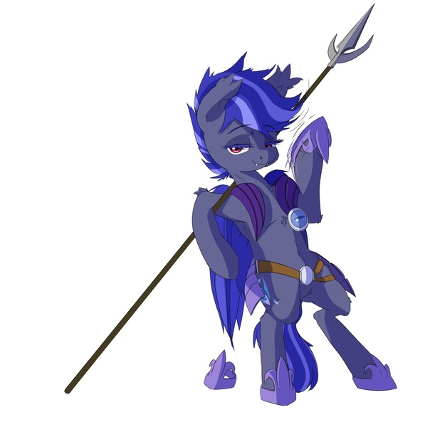 Size: 1280x1271 | Tagged: safe, artist:archer, derpibooru import, oc, oc:night watch, unofficial characters only, bat pony, pony, armor, bedroom eyes, drunk, night guard, solo, spear, weapon