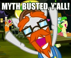 Size: 500x405 | Tagged: adam savage, background pony, cajun ponies, derpibooru import, image macro, jeff trotsworthy, meme, mythbusters, safe, savage honeydew, screencap, somepony to watch over me