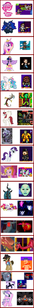 Size: 523x4663 | Tagged: safe, derpibooru import, apple bloom, basil, diamond tiara, discord, lord tirek, nightmare rarity, olden pony, princess cadance, princess celestia, princess luna, queen chrysalis, rarity, scootaloo, sheriff silverstar, sweetie belle, twilight sparkle, twilight sparkle (alicorn), oc, oc:fausticorn, alicorn, dragon, headless horse, pony, gamer luna, angry video game nerd, angry video game nerd adventures, avgn pony boss, bimmy & jimmy, bullshit man, comparison chart, cutie mark crusaders, cybermorph, dr jekyll, female, fred fuchs, fred fucks, g1, g3, general custer, ghosts of christmas, glitch gremlin, guitar guy, headless, kyle justin, mare, mike matei, motherfucker mike, mr hyde, satan, super mecha death christ, the giant claw, tirac