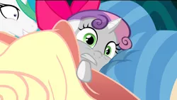 Size: 1280x720 | Tagged: bed, blanket, derpibooru import, edit, edited screencap, grin, gritted teeth, imminent rape, imminent sex, princess celestia, princess molestia, rapeface, scared, screencap, semi-grimdark, smiling, somepony to watch over me, suggestive, sweetie belle, sweetie belle's nightmare, wide eyes
