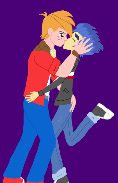 Size: 1024x1590 | Tagged: safe, artist:oneovertwo, derpibooru import, big macintosh, flash sentry, equestria girls, bigsentry, gay, husbando thief, kissing, macinflash, male, purple background, shipping, simple background