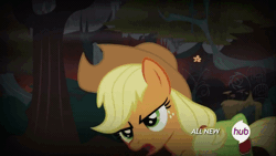 Size: 1000x562 | Tagged: safe, derpibooru import, screencap, applejack, earth pony, pony, somepony to watch over me, all new, animated, bipedal, blowing, blowing flute, female, fireproof boots, flute, frown, glare, hoof hold, hub logo, mare, music notes, musical instrument, pokeflute, puffy cheeks, pungi, saddle bag, snake charmin' flute, solo, text