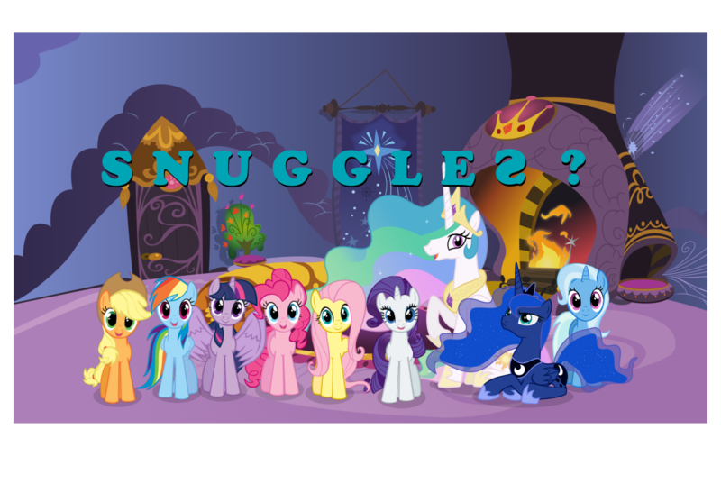 Size: 1280x875 | Tagged: safe, derpibooru import, applejack, fluttershy, pinkie pie, princess celestia, princess luna, rainbow dash, rarity, trixie, twilight sparkle, twilight sparkle (alicorn), alicorn, pony, blue text, celestias room, female, hugpony poses, imma snuggle you, mare, snuggles?, snuggling