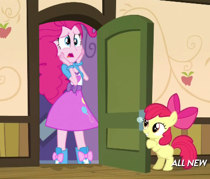 Size: 425x363 | Tagged: safe, derpibooru import, apple bloom, pinkie pie, equestria girls, somepony to watch over me, apple closet, exploitable, exploitable meme, solo