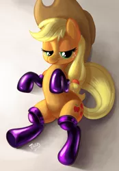Size: 836x1200 | Tagged: applejack, artist:1trick, bedroom eyes, cutie mark, derpibooru import, female, fireproof boots, latex, on back, solo, solo female, somepony to watch over me, suggestive, that was fast
