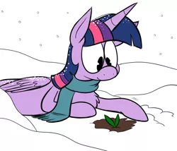 Size: 700x600 | Tagged: safe, artist:karpet-shark, derpibooru import, twilight sparkle, twilight sparkle (alicorn), alicorn, pony, twily-daily, chest fluff, clothes, female, mare, prone, scarf, smiling, snow, snowfall, solo, sprout, tumblr