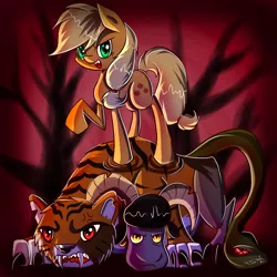 Size: 900x900 | Tagged: dead source, safe, artist:inky-pinkie, derpibooru import, applejack, chimera sisters, chimera, earth pony, pony, somepony to watch over me, female, mare, multiple heads, raised hoof, three heads