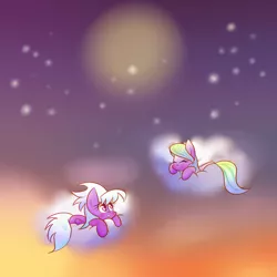 Size: 2000x2000 | Tagged: safe, artist:joycall6, derpibooru import, cloudchaser, flitter, pegasus, pony, blushing, cloud, cute, duo, eyes closed, female, high res, mare, on a cloud, prone, sky, stars