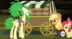 Size: 639x351 | Tagged: safe, derpibooru import, screencap, apple bloom, applejack, unnamed pony, earth pony, pony, somepony to watch over me, apple pie, background pony, beard, boots, cajun ponies, cart, female, filly, fireproof boots, hub logo, male, mare, pie, stallion