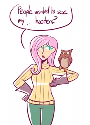 Size: 725x1000 | Tagged: animal, artist:php52, bird, breasts, clothes, delicious flat chest, derpibooru import, drawfag, flattershy, fluttershy, gloves, human, humanized, no rule 34 here, owl, pun, request, ribbed sweater, safe, visual pun