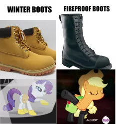 Size: 954x1024 | Tagged: safe, derpibooru import, edit, edited screencap, screencap, applejack, rarity, earth pony, pony, unicorn, somepony to watch over me, winter wrap up, analysis, boot, boots, clothes, comparison, female, fireproof boots, galoshes, irl, mare, text, timberland boots, winter boots