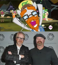 Size: 639x721 | Tagged: adam savage, cajun ponies, derpibooru import, hub logo, jamie hyneman, jeff trotsworthy, look-alike, mind blown, mythbusters, safe, savage honeydew, somepony to watch over me