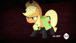 Size: 576x324 | Tagged: all new, animated, applejack, chair, chairsaber, derpibooru import, edit, edited screencap, fireproof boots, hoof hold, hubble, hub logo, lightsaber, lion tamer's chair, parody, saddle bag, safe, screencap, solo, somepony to watch over me, star wars, text, the hub