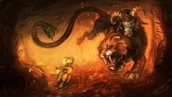 Size: 1920x1080 | Tagged: safe, artist:assasinmonkey, derpibooru import, applejack, chimera sisters, chimera, earth pony, pony, somepony to watch over me, badass, color porn, dock, epic, female, fight, fire, fire swamp, fireproof boots, hat, mare, multiple heads, plot, realistic, scene interpretation, technical advanced, that was fast, three heads, wallpaper