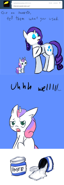 Size: 680x1940 | Tagged: safe, artist:moonblizzard, derpibooru import, rarity, sweetie belle, ask, rarity answers, tumblr