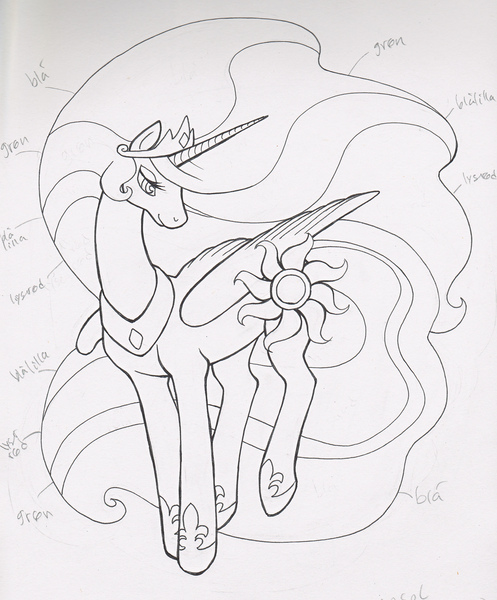 Size: 2428x2931 | Tagged: safe, artist:sovemis, derpibooru import, princess celestia, black and white, grayscale, lineart, monochrome, solo, traditional art