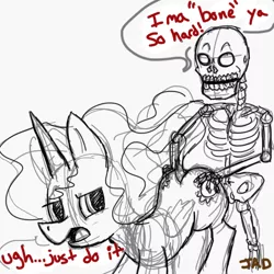 Size: 666x666 | Tagged: annoyed, artist:justanotherdrawfag, butt grab, dock, doggy style, drawfag, fetish, from behind, frown, glare, grope, hand on butt, imminent sex, king wiggy, looking back, open mouth, princess celestia, pun, raised tail, reverse necrophilia, skeleton, sketch, suggestive, unamused, undead, wat