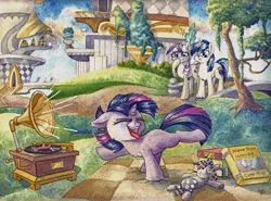 Size: 1024x756 | Tagged: safe, artist:the-wizard-of-art, derpibooru import, shining armor, smarty pants, twilight sparkle, twilight velvet, pony, unicorn, :<, adorkable, book, canterlot, cute, dancing, do the sparkle, dork, eyes closed, female, filly, fluffy, frown, laughing, male, mare, music, open mouth, phonograph, picnic, raised hoof, raised leg, record player, shining adorable, smiling, stallion, tongue out, traditional art, twiabetes, velvetbetes, watercolor painting, weapons-grade cute