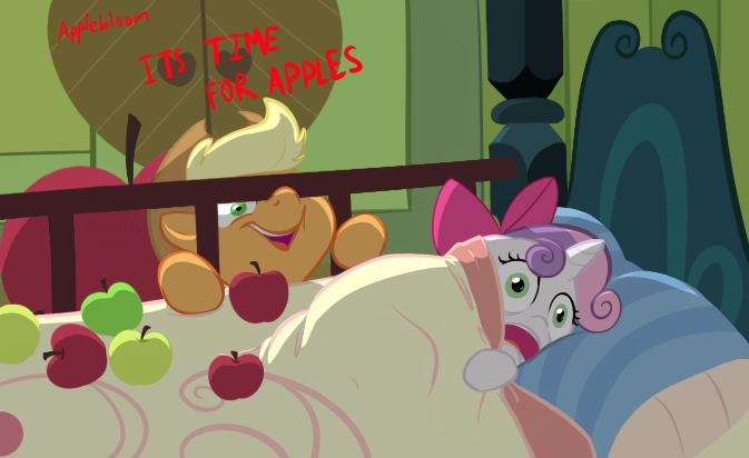 Size: 673x412 | Tagged: safe, artist:furseiseki, derpibooru import, applejack, sweetie belle, earth pony, pony, unicorn, somepony to watch over me, apple, bed, blanket, dialogue, female, filly, goofy time, hat, it's time for apples, mare, open mouth, pillow, scared, scene parody, sweetie belle's nightmare, that pony sure does love apples