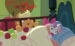 Size: 673x412 | Tagged: safe, artist:furseiseki, derpibooru import, applejack, sweetie belle, earth pony, pony, unicorn, somepony to watch over me, apple, bed, blanket, dialogue, female, filly, goofy time, hat, it's time for apples, mare, open mouth, pillow, scared, scene parody, sweetie belle's nightmare, that pony sure does love apples