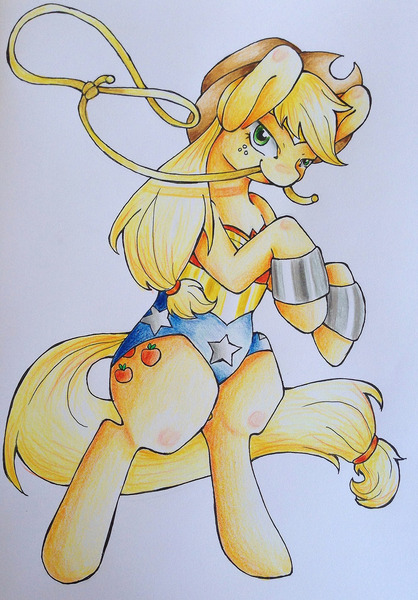 Size: 1280x1837 | Tagged: applejack, artist:sk-ree, cosplay, derpibooru import, lasso, mouth hold, rearing, safe, solo, traditional art, wonderjack, wonder woman