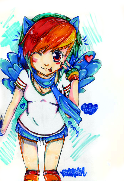 Size: 683x996 | Tagged: safe, artist:wendysakana, derpibooru import, rainbow dash, human, humanized, solo, tongue out, wink