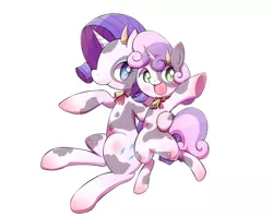Size: 1152x916 | Tagged: artist:raibo, bell, bell collar, bow, calf, collar, cow, cowbelle, cow horns, derpibooru import, pixiv, raricow, rarity, safe, species swap, sweetie belle